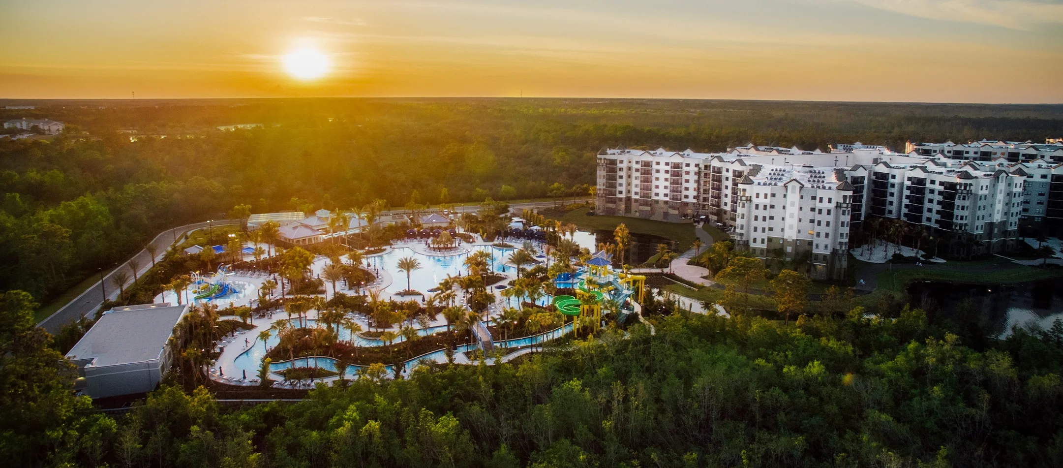 The Grove Resort & Water Park Orlando at dusk