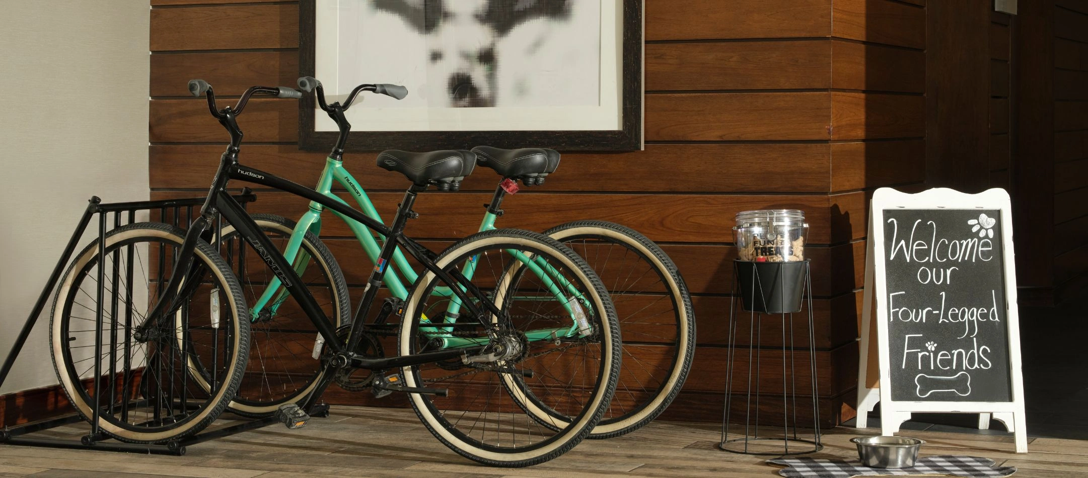 bikes parked by a pet treat station at a Broomfield, CO hotel