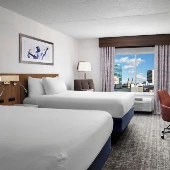 interior of hotel room at hilton detroit downtown